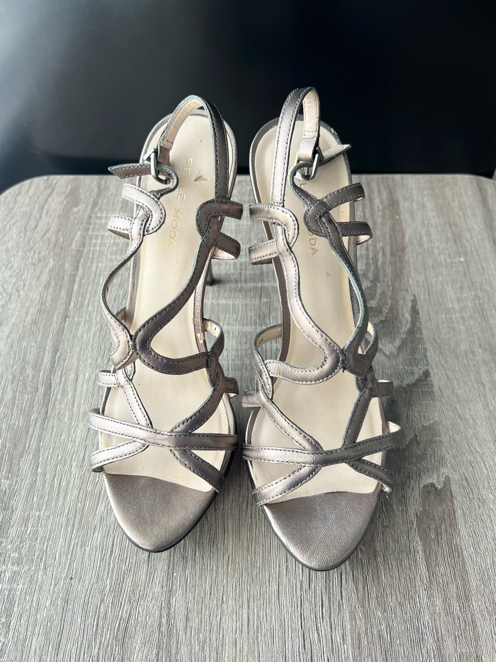 Pelle Moda Metallic Bronze Taupe Strappy Heeled Sandals